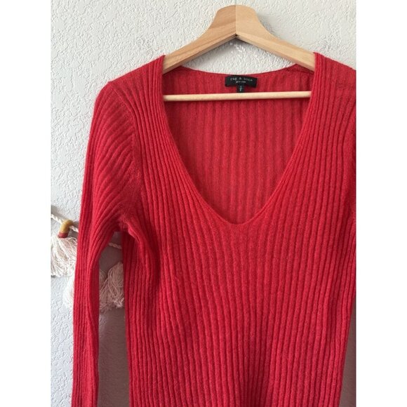 Rag & Bone Red Mohair Wool Blend Ribbed Knit V-neck Long Sleeve Top Basics S - Picture 4 of 8